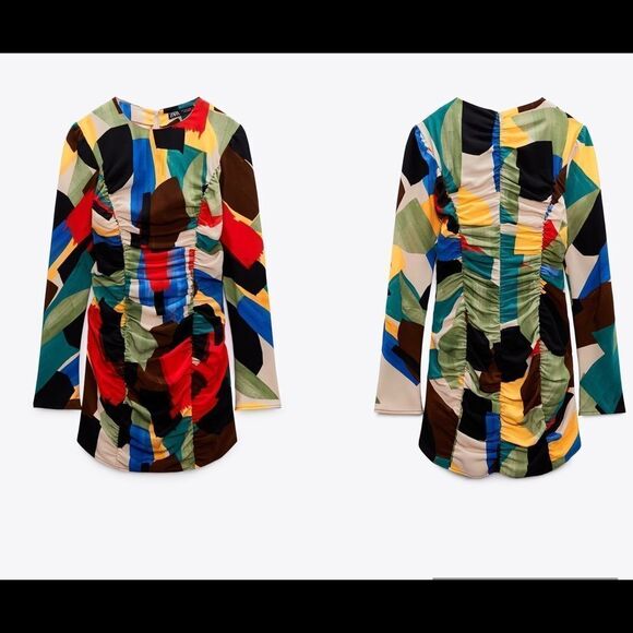 Zara multicoloured printed dress with draping long sleeve ruched Sz S NWT - Picture 4 of 10